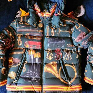 Ralph Lauren Purple Label Equestrian Print Down Puffer Coat - LARGE